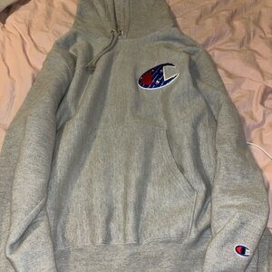 Champion Men’s Heather Gray Hoodie with large Logo Patch and Patch on Arm